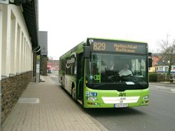 Das Foto zeigt einen hellgrünen Bus vor einer Haltestelle wartend