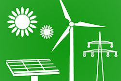 Abbildung zeigt vor grünem Hintergrund im linken oberen Rand eine Sonne und im übrigen Teil mehrere Symbole der regenerative Energiegewinnung 